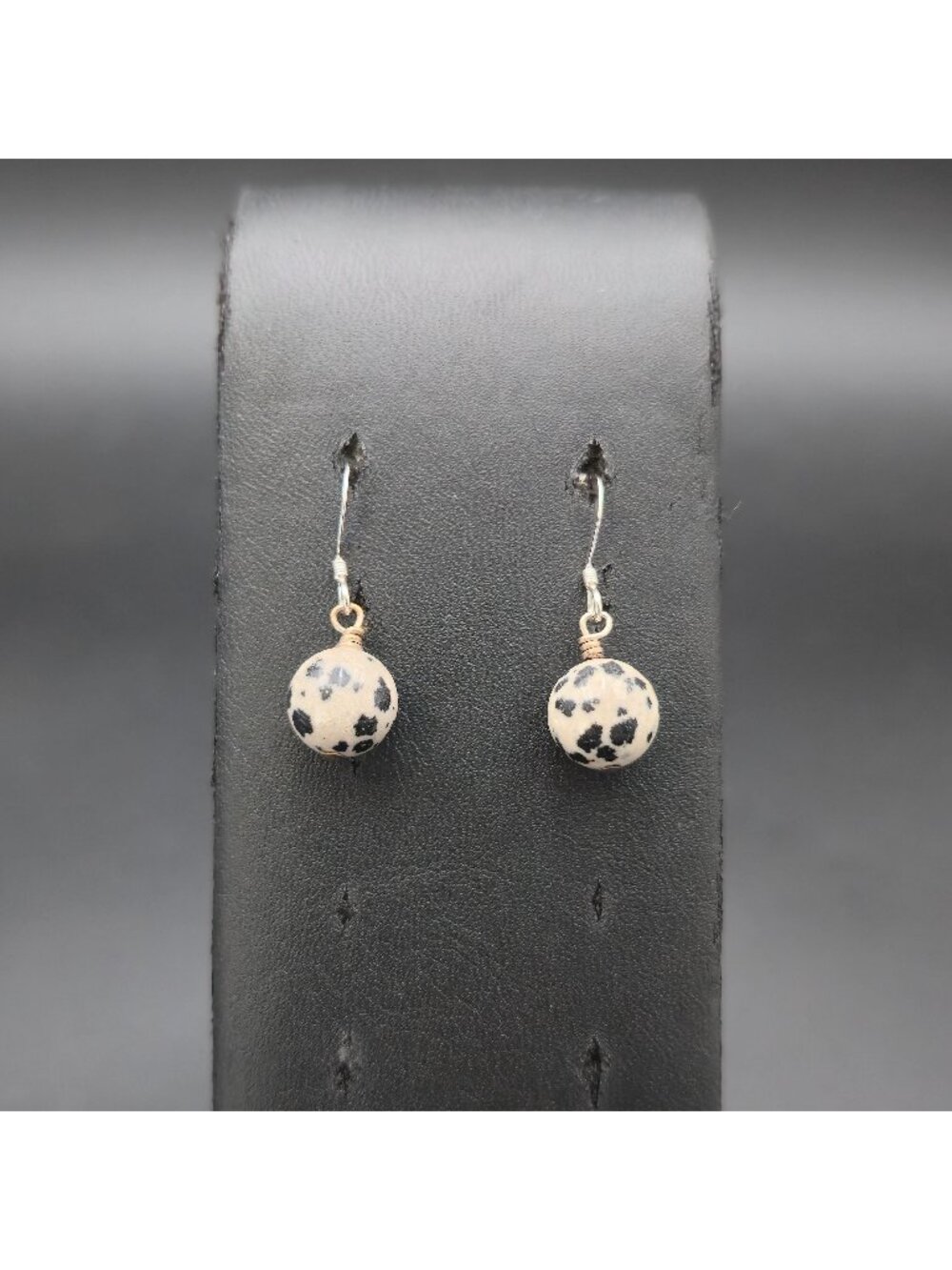 Sterling Silver Dalmatian Jasper Round Bead Wire Wrapped Dangle Earrings A8887